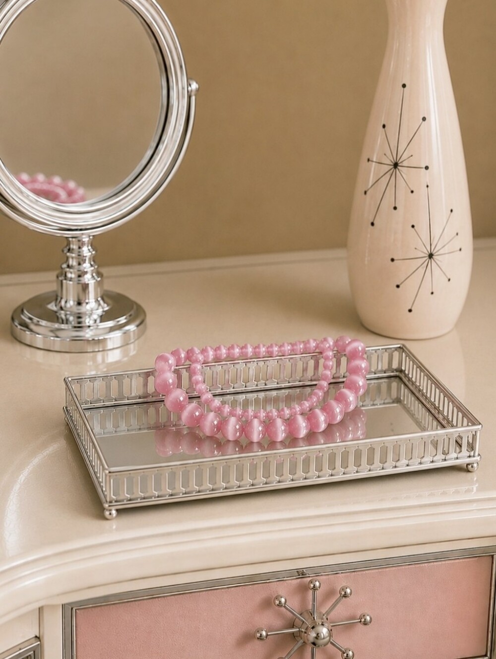2 Moonglow Pink Stone Cats Cat's Eye Stone Beaded Vintage Stretch Bracelets Set